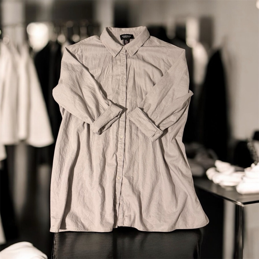 Jones New York 2X Long Button-Down Tunic Shirt Gray Taupe Oversized